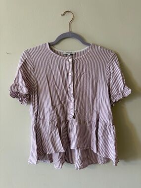 Madewell Lavender-White Striped Ruffle Sleeve Peplum Blouse